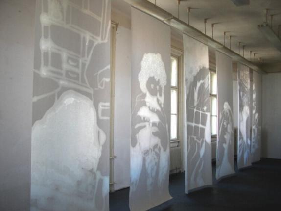 "in side",  2005,  sunflower oil on paper,  325 x 125 cm,  12 elements