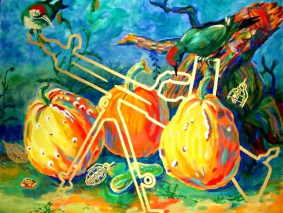 "3 pumpkins & 1 gun",  2003,  acrylic,  180 x 140 cm